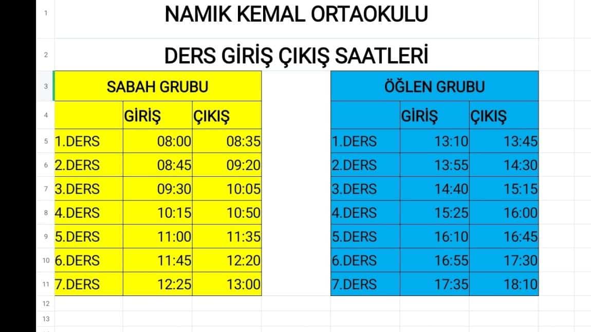 2024-2025 Eğitim-Öğretim Yılı Ders Giriş ve Çıkış Saatlerimiz