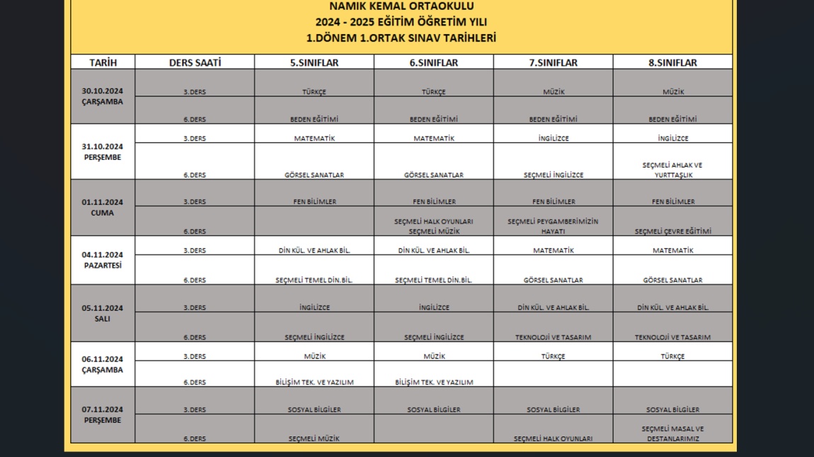 2004-2025 EĞİTİM ÖĞRETİM YILI - 1. DÖNEM, 1. SINAV TAKVİMİ